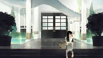 Anime Girl Sitting Outside The Home, artist, artwork, art, digital-art, anime-girl, artstation HD wallpaper