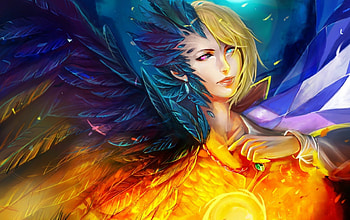 Fantasy girl, blue, purple, pink, feather, bird, fantasy, girl, orange HD wallpaper