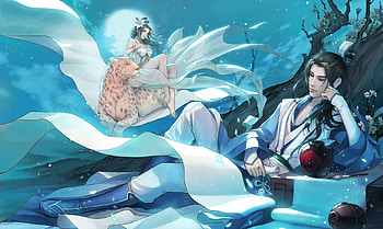 Fantasy, night, blue, asian, man, girl, goddess, moon, couple, luna HD wallpaper