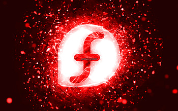 Fedora red logo, , red neon lights, creative, red abstract background, Fedora logo, Linux, Fedora HD wallpaper