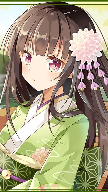 Girl07, geisha, green, anime_girl, brown, girl, anime, flower HD phone wallpaper