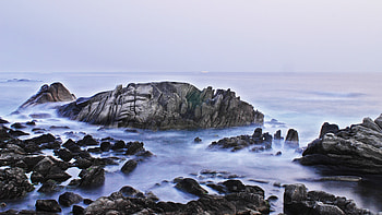 Rocks, coast, fog, nature HD wallpaper