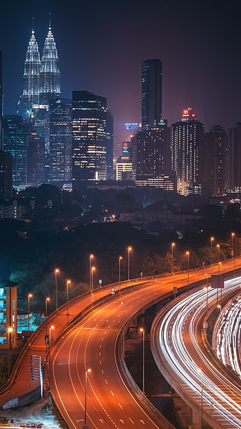 skyscraper, building, light, time lapse, highway, cityscape, night, city, man made HD phone wallpaper