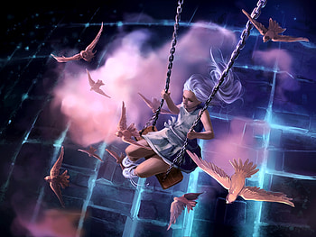 Birds, Art, Girl, Swing HD wallpaper