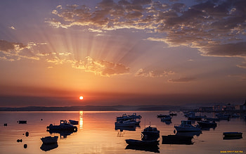 boats at sunset, clouds, sky, sunset, boats HD wallpaper