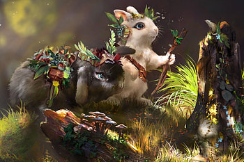 Teysa and Azura, green, flutti, charline k, bunny, black, white, art, fantasy HD wallpaper