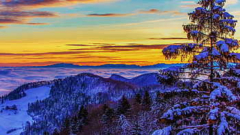 Winter Landscape, hills, sunset, snow, clouds, trees, sky HD wallpaper