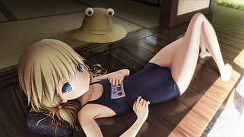 Touhou, barefoot, swimsuit, blue eyes, kujira kousen, moriya suwako, blonde hair, hat HD wallpaper