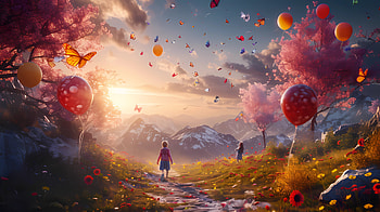 Land full of Joy, Joy, landscape, surreal, balloon, sunlight HD wallpaper