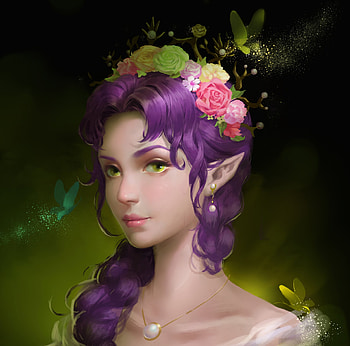 Elf girl, frumusete, art, girl, elf, purple, pink, fantasy, flower, green, liu laurie, face, luminos HD wallpaper