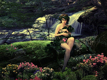 Lady Spring, waterfall, lady, flowers, spring HD wallpaper