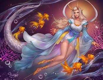 Dragon girl, blue, fantasy, dragon, fish, girl, water, orange, edenchang HD wallpaper