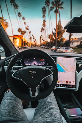 Interior view of a Tesla Model X steering through palm-lined streets of Santa Monica at twilight. HD phone wallpaper