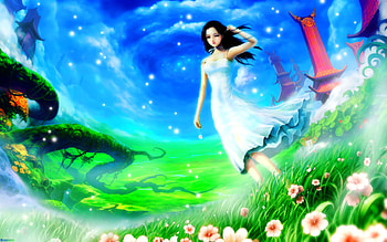 Fantasy, nice, scenery, flower, maiden, castle, cloud, female, sexy, sweet, white, temple, house, hot, girl, grass, woman, star, anime girl, anime, pretty, green, blue, cute, dress, long hair, beauty, lady, scenic, scene, palace, beautiful, black hair, field, building, sky, women HD wallpaper