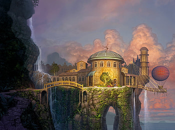 HOUSE OF SECRETS, red balloon, house, clouds, bridge, dreamy, cliff, water HD wallpaper