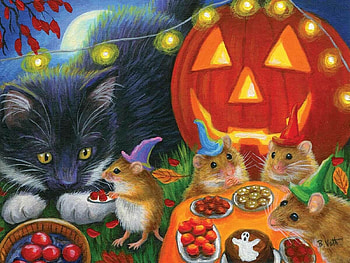 Halloween Eve, night, painting, mouse, cakes, moon, lights, pumpkin, cat HD wallpaper