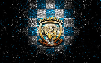 Jaguares de Cordoba FC, glitter logo, Categoria Primera A, blue white checkered background, soccer, colombian football club, Jaguares de Cordoba logo, mosaic art, football, Jaguares de Cordoba, Colombian football league HD wallpaper