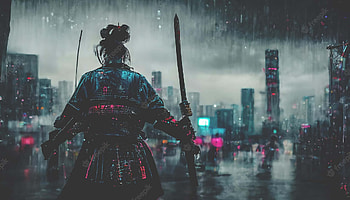 neon samurai, samurai, neon HD wallpaper
