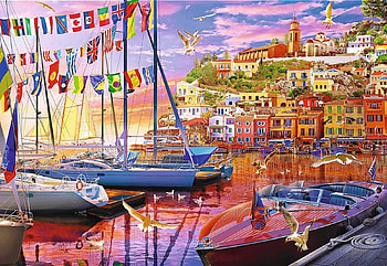 Summer Evening, boats, clouds, sky, harbor, sunset, mediterranean, italy, sailboats, artwork, digital, village HD wallpaper