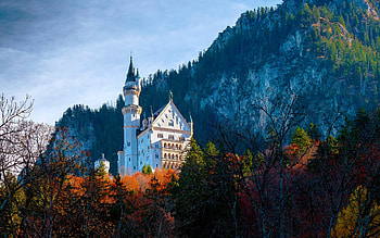 Neuschwanstein Castle autumn, Old castle beauty, Yellow trees forest, Schwangau Germany HD wallpaper