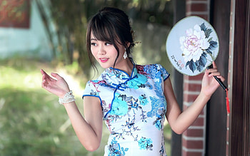 Beauty, blue, model, asian, girl, woman, fan HD wallpaper