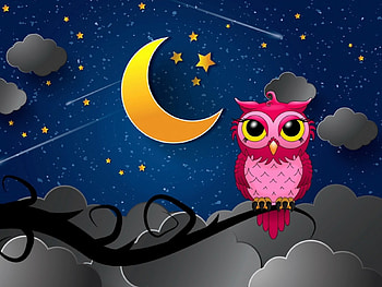 Good night!, night, blue, bird, cute, stars, owl, pink, moon, yellow, bufnita, luna, card, sky, luminos, cloud HD wallpaper