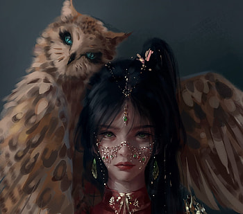 Lylian, bufnita, girl, owl, art, bird, dark, jewel, wlop, fantasy HD wallpaper