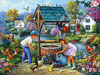 Summer In The Village, well, children, painting, house, garden, flowers, geese HD wallpaper