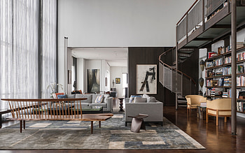 retro style of living room interior, wooden bench in the living room, retro style, circular staircase, library, stylish interior design HD wallpaper