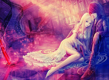 Anime couple, blue, white, girl, dress, law chaos, pink, anime, fantasy, love, couple, game, manga, boots, guy HD wallpaper
