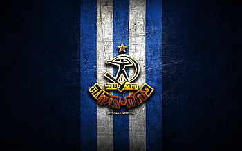 Hapoel Petah Tikva FC, golden logo, Leumit League, blue metal background, football, Israeli football club, Hapoel Petah Tikva logo, soccer, Hapoel Petah Tikva HD wallpaper