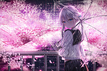 Anime Girl With Umbrella Outdoors Looking Back , anime-girl, anime, artist, artwork, digital-art, pink HD wallpaper