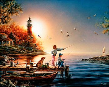 Days End, dog, boat, lighthouse, birds, children, fishing, house, jetty, water, sunset HD wallpaper