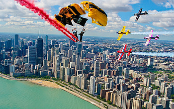 Parachutists and Planes over Chicago , Chicago, city, parachutists, sky, planes HD wallpaper