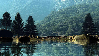 a cool place to rest, trees, mountains, rocks, pond HD wallpaper