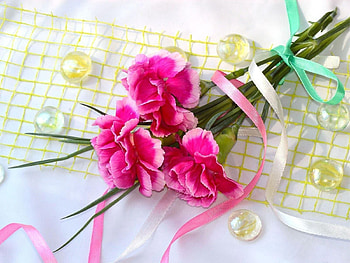 Balls, Flowers, Carnations, To Lie Down, Lie, Bow, Three, Ribbons, Ribbon HD wallpaper
