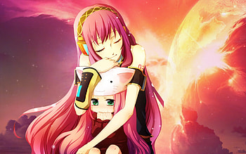 Emotion, luka, sunlight, cute, tear, vocaloid, long hair, planet, abstract, megurine luka, cloud, female, sexy, cry, hot, girl, pink hair, ray, star, anime girl, anime, hug, sky, green eye HD wallpaper