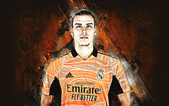 Andriy Lunin, Real Madrid, Ukrainian football player, goalkeeper, orange stone background, football, La Liga, Spain HD wallpaper
