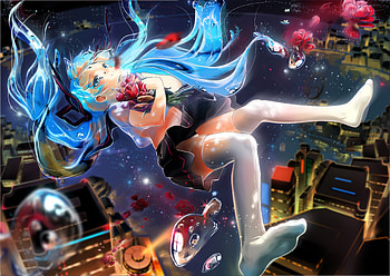 Hatsune Miku, blue, girl, vocaloid, summer, anime, siloteddy, bottle miku, water, manga HD wallpaper