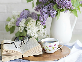MORNING TEA, LILACS, TEA, BOOK, CUP HD wallpaper