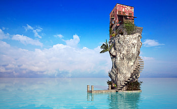 How did they do it ?, coast, house, cliff, water, beach HD wallpaper