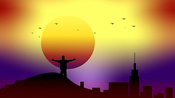 Sunset, purple, bird, fantasy, man, yellow, orange, silhouette HD wallpaper