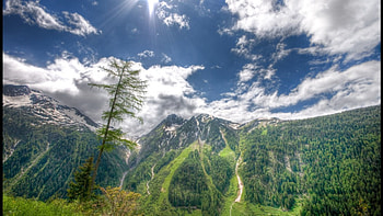 beautiful mountain scape, clouds, mountains, forest, tree HD wallpaper