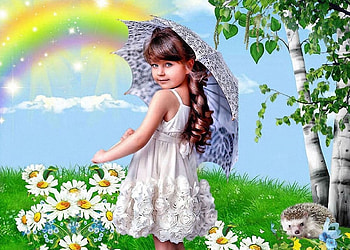 Summer Place, girl, flowers, rainbow, tree HD wallpaper