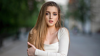 Blonde Girl Model Is Wearing Hoop Earrings And White Dress Standing In Blur Bokeh Background Girls HD wallpaper