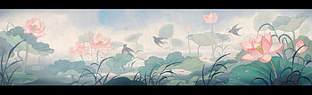 Spring, bird, art, randunci, swallow, lake, pink, fantasy, frank sun, flower, green, luminos, pasari, lotus HD wallpaper