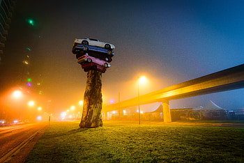 Cars, Wood, Tree, Fog, Night City, Vancouver, Installation, Trans Am Totem, Art Object HD wallpaper