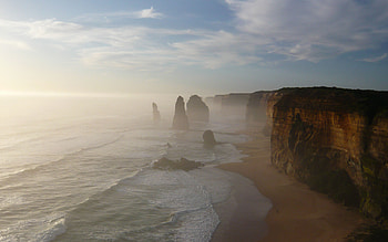 The Twelve Apostles, mist, cliffs, clouds, surf, beach HD wallpaper