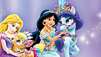 Rapunzel, Gleam, Jasmine and Lapis, blue, animal, horse, blonde, cute, pony, palace, girl, disney, rapunzel, purple, pink, gleam, pets, lapis, deer, yellow, princess, jasmine, child HD wallpaper
