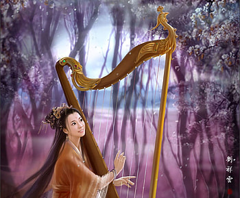 Phoenix Guoqin, musician, cute, oriental, gold, beauty, nice, music, maiden, female, sexy, sweet, magic, hot, chinese, girl, beautiful, harp, purple, anime girl, anime, fantasy, pretty, lovely, forest HD wallpaper